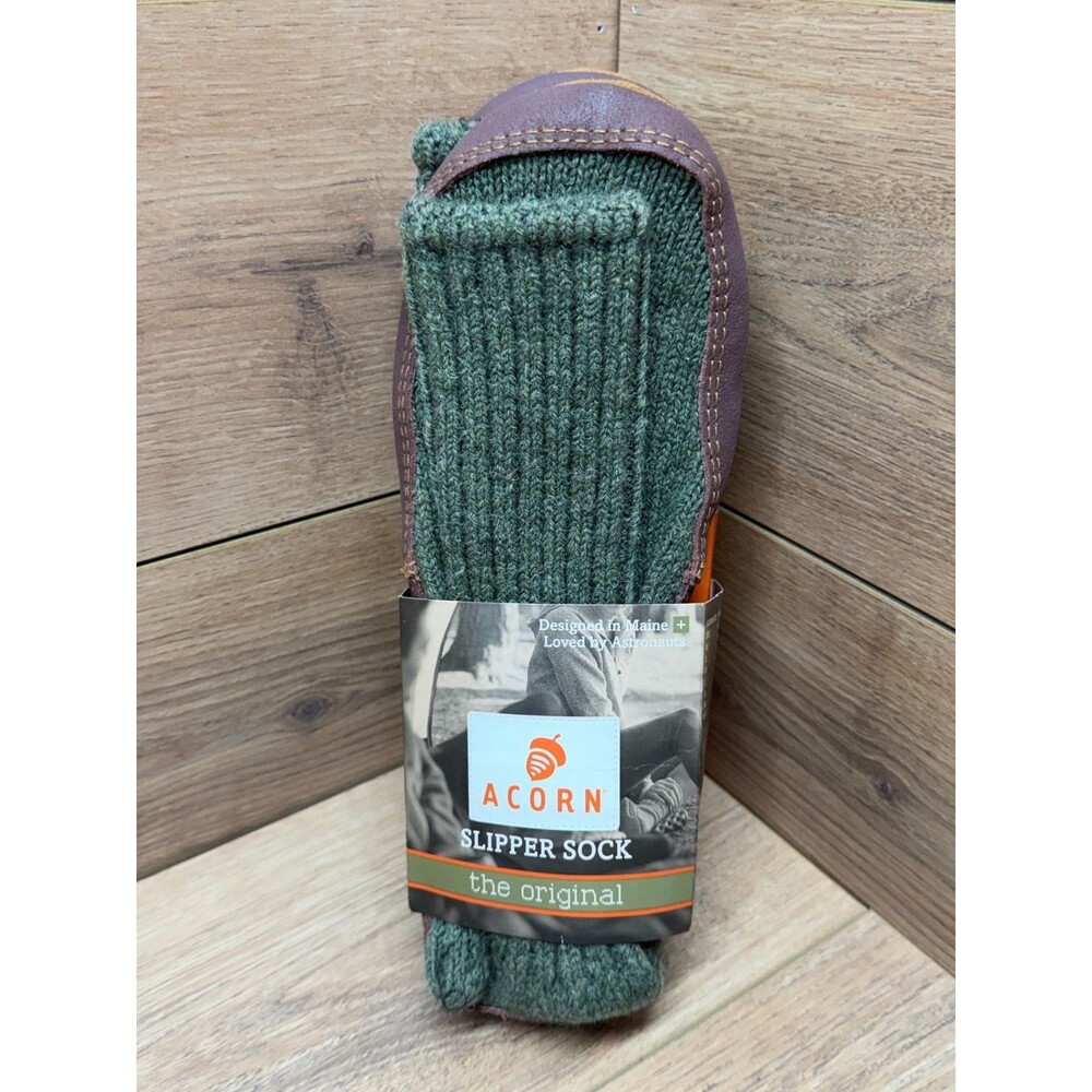 Acorn Mens XL Olive Wool Blend Slipper Socks w/ Suede Soles - New!